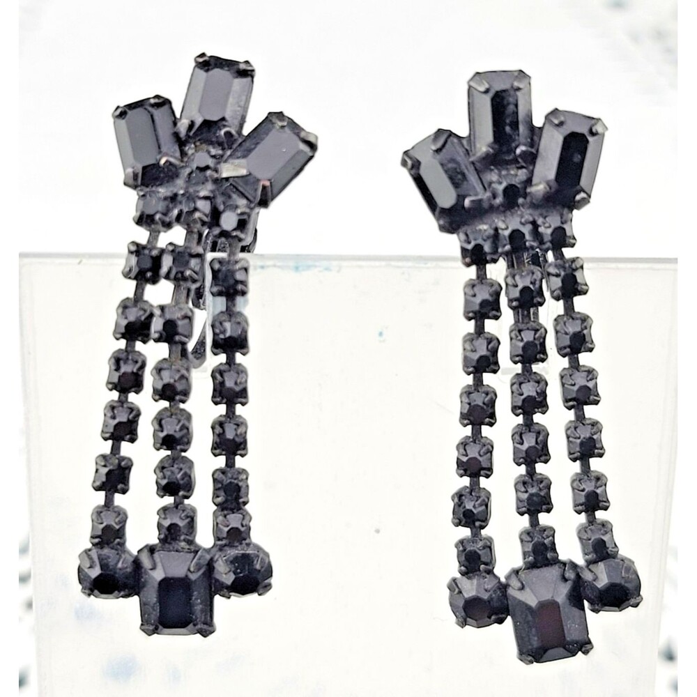 Vintage Black Crystal Rhinestone 1.5" Mourning Chandelier Clip-on Earrings